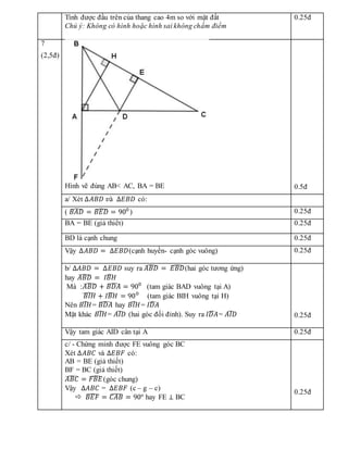 Tính được đầu trên của thang cao 4m so với mặt đất
Chú ý: Không có hình hoặc hình sai không chấm điểm
0.25đ
7
(2,5đ)
Hình vẽ đúng AB< AC, BA = BE 0.5đ
a/ Xét ∆𝐴𝐵𝐷 𝑣à ∆𝐸𝐵𝐷 có:
( 𝐵𝐴𝐷
̂ = 𝐵𝐸𝐷
̂ = 900
) 0.25đ
BA = BE (giả thiết) 0.25đ
BD là cạnh chung 0.25đ
Vậy ∆𝐴𝐵𝐷 = ∆𝐸𝐵𝐷(cạnh huyền- cạnh góc vuông) 0.25đ
b/ ∆𝐴𝐵𝐷 = ∆𝐸𝐵𝐷 suy ra 𝐴𝐵𝐷
̂ = 𝐸𝐵𝐷
̂(hai góc tương ứng)
hay 𝐴𝐵𝐷
̂ = 𝐼𝐵𝐻
̂
Mà :𝐴𝐵𝐷
̂ + 𝐵𝐷𝐴
̂ = 900
(tam giác BAD vuông tại A)
𝐵𝐼𝐻
̂ + 𝐼𝐵𝐻
̂ = 900
(tam giác BIH vuông tại H)
Nên 𝐵𝐼𝐻
̂ = 𝐵𝐷𝐴
̂ hay 𝐵𝐼𝐻
̂ = 𝐼𝐷𝐴
̂
Mặt khác 𝐵𝐼𝐻
̂ = 𝐴𝐼𝐷
̂ (hai góc đối đỉnh). Suy ra 𝐼𝐷𝐴
̂ = 𝐴𝐼𝐷
̂ 0.25đ
Vậy tam giác AID cân tại A 0.25đ
c/ - Chứng minh được FE vuông góc BC
Xét ∆𝐴𝐵𝐶 và ∆𝐸𝐵𝐹 có:
AB = BE (giả thiết)
BF = BC (giả thiết)
𝐴𝐵𝐶
̂ = 𝐹𝐵𝐸
̂(góc chung)
Vậy ∆𝐴𝐵𝐶 = ∆𝐸𝐵𝐹 (c – g – c)
 𝐵𝐸𝐹
̂ = 𝐶𝐴𝐵
̂ = 90° hay FE ⊥ BC
0.25đ
 