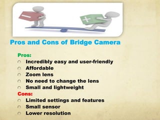 Pros:
  Incredibly easy and user-friendly
  Affordable
  Zoom lens
  No need to change the lens
  Small and lightweight
Cons:
  Limited settings and features
  Small sensor
  Lower resolution
Pros and Cons of Bridge Camera
 