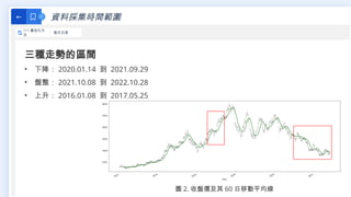資料採集時間範圍
←
111 最佳化方
法
程式交易
三種走勢的區間
• 下降： 2020.01.14 到 2021.09.29
• 盤整： 2021.10.08 到 2022.10.28
• 上升： 2016.01.08 到 2017.05.25
圖 2. 收盤價及其 60 日移動平均線
 