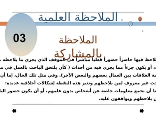 ‫العلمية‬ ‫المالحظة‬
03 ‫المالحظة‬
‫بالمشاركة‬
‫م‬ ‫يالحظه‬ ‫ما‬ ‫يجري‬ ‫الذي‬ ‫الموقف‬ ‫في‬ ً‫مباشرا‬ ً‫فعليا‬ ً‫حضورا‬ ً‫حاضرا‬ ‫فيها‬ ‫مالحظ‬
‫مص‬ ‫في‬ ‫بالعمل‬ ‫الباحث‬ ‫يلتحق‬ ‫كأن‬ ( ‫أحداث‬ ‫من‬ ‫فيه‬ ‫يجري‬ ‫مما‬ ً‫جزءا‬ ‫يكون‬ ‫أو‬ ،‫ه‬
‫أن‬ ‫إما‬ ،‫الحال‬ ‫تلك‬ ‫مثل‬ ‫وفي‬ .)‫اآلخر‬ ‫والبعض‬ ‫بعضهم‬ ‫العمال‬ ‫بين‬ ‫العالقات‬ ‫سة‬
:‫عديدة‬ ‫أخالقية‬ ‫إشكاالت‬ ‫النقطة‬ ‫هذه‬ ‫وتثير‬ ‫يالحظهم‬ ‫لمن‬ ‫معروف‬ ‫غير‬ ‫حث‬
‫البا‬ ‫حضور‬ ‫يكون‬ ‫أن‬ ‫أو‬ ،‫علمهم‬ ‫بدون‬ ‫أشخاص‬ ‫عن‬ ‫خاصة‬ ‫معلومات‬ ‫نجمع‬ ‫أن‬ ‫نا‬
.‫عليه‬ ‫ويوافقون‬ ‫يالحظهم‬ ‫ن‬
 