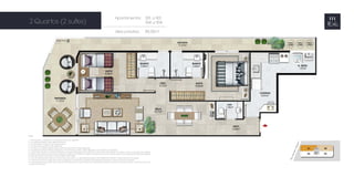 Apartamentos 301 a 901 
304 a 904 
área privativa: 88,00m2 
2 Quartos (2 suítes) 
NOTAS: 
1 - A decoração, o mobiliário e os acessórios são mera sugestão. 
2 - As medidas poderão sofrer alterações de 5%. 
3 - Acabamentos conforme memorial descritivo. 
4 - As esquadrias poderão sofrer alterações. 
5 - As cores dos materiais apresentados nesta planta poderão sofrer alterações. 
6 - Os pilares estruturais, shafts de instalação e enchimentos poderão sofrer alterações nas medidas e localização. 
7 - A área total indicada na planta é privativa, ou seja, tomada pelas linhas externas da fachada e das divisas com áreas comuns e pelo eixo das paredes 
divisórias entre apartamentos, conforme descrito na NBR 12.721 ABNT. Já as áreas indicadas nos compartimentos internos são úteis, desconsiderando paredes 
e outros elementos construtivos, conforme NBR 14.653-2 ABNT. 
8 - Os locais demarcados para ar condicionado (tipo split ou ar de parede) poderão sofrer alterações durante o desenvolvimento do projeto. 
9 - A dimensão das bancadas das cozinhas (largura e comprimento) poderão sofrer alterações durante o desenvolvimento do projeto. 
10 - As esquadrias dos guarda-corpos das varandas (trechos em vidro e trechos em alvenaria) poderão variar de um pavimento para o outro, de acordo com 
o projeto de fachada. 
 