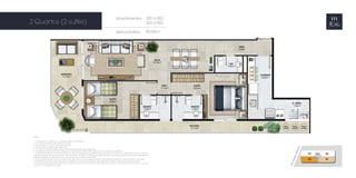 Apartamentos 302 a 902 
303 a 903 
área privativa: 89,00m2 
2 Quartos (2 suítes) 
NOTAS: 
1 - A decoração, o mobiliário e os acessórios são mera sugestão. 
2 - As medidas poderão sofrer alterações de 5%. 
3 - Acabamentos conforme memorial descritivo. 
4 - As esquadrias poderão sofrer alterações. 
5 - As cores dos materiais apresentados nesta planta poderão sofrer alterações. 
6 - Os pilares estruturais, shafts de instalação e enchimentos poderão sofrer alterações nas medidas e localização. 
7 - A área total indicada na planta é privativa, ou seja, tomada pelas linhas externas da fachada e das divisas com áreas comuns e pelo eixo das 
paredes divisórias entre apartamentos, conforme descrito na NBR 12.721 ABNT. Já as áreas indicadas nos compartimentos internos são úteis, descon-siderando 
paredes e outros elementos construtivos, conforme NBR 14.653-2 ABNT. 
8 - Os locais demarcados para ar condicionado (tipo split ou ar de parede) poderão sofrer alterações durante o desenvolvimento do projeto. 
9 - A dimensão das bancadas das cozinhas (largura e comprimento) poderão sofrer alterações durante o desenvolvimento do projeto. 
10 - As esquadrias dos guarda-corpos das varandas (trechos em vidro e trechos em alvenaria) poderão variar de um pavimento para o outro, de 
acordo com o projeto de fachada. 
 
