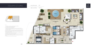 Apartamento 201 
área privativa: 135 m2 
2 Quartos (2 suítes) 
NOTAS: 
1 - A decoração, o mobiliário e os acessórios são mera sugestão. 
2 - As medidas poderão sofrer alterações de 5%. 
3 - Acabamentos conforme memorial descritivo. 
4 - As esquadrias poderão sofrer alterações. 
5 - As cores dos materiais apresentados nesta planta poderão sofrer alterações. 
6 - Os pilares estruturais, shafts de instalação e enchimentos poderão sofrer alterações 
nas medidas e localização. 
7 - A área total indicada na planta é privativa, ou seja, tomada pelas linhas externas 
da fachada e das divisas com áreas comuns e pelo eixo das paredes divisórias entre 
apartamentos, conforme descrito na NBR 12.721 ABNT. Já as áreas indicadas nos com-partimentos 
internos são úteis, desconsiderando paredes e outros elementos construti-vos, 
conforme NBR 14.653-2 ABNT. 
8 - Os locais demarcados para ar condicionado (tipo split ou ar de parede) poderão 
sofrer alterações durante o desenvolvimento do projeto. 
9 - A dimensão das bancadas das cozinhas (largura e comprimento) poderão sofrer 
alterações durante o desenvolvimento do projeto. 
10 - As esquadrias dos guarda-corpos das varandas (trechos em vidro e trechos em 
alvenaria) poderão variar de um pavimento para o outro, de acordo com o projeto de 
fachada. 
11 - Os equipamentos de piscina não serão entregues. 
 