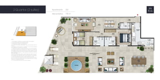 Apartamento 202 
área privativa: 178 m2 
2 Quartos (2 suítes) 
NOTAS: 
1 - A decoração, o mobiliário e os acessórios são mera sugestão. 
2 - As medidas poderão sofrer alterações de 5%. 
3 - Acabamentos conforme memorial descritivo. 
4 - As esquadrias poderão sofrer alterações. 
5 - As cores dos materiais apresentados nesta planta poderão sofrer al-terações. 
6 - Os pilares estruturais, shafts de instalação e enchimentos poderão 
sofrer alterações nas medidas e localização. 
7 - A área total indicada na planta é privativa, ou seja, tomada pelas li-nhas 
externas da fachada e das divisas com áreas comuns e pelo eixo 
das paredes divisórias entre apartamentos, conforme descrito na NBR 
12.721 ABNT. Já as áreas indicadas nos compartimentos internos são úteis, 
desconsiderando paredes e outros elementos construtivos, conforme 
NBR 14.653-2 ABNT. 
8 - Os locais demarcados para ar condicionado (tipo split ou ar de pa-rede) 
poderão sofrer alterações durante o desenvolvimento do projeto. 
9 - A dimensão das bancadas das cozinhas (largura e comprimento) 
poderão sofrer alterações durante o desenvolvimento do projeto. 
10 - As esquadrias dos guarda-corpos das varandas (trechos em vidro e 
trechos em alvenaria) poderão variar de um pavimento para o outro, de 
acordo com o projeto de fachada. 
11 - Os equipamentos de piscina não serão entregues. 
 