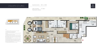 NOTAS: 
1 - A decoração, o mobiliário e os acessórios são mera sugestão. 
2 - As medidas poderão sofrer alterações de 5%. 
3 - Acabamentos conforme memorial descritivo. 
4 - As esquadrias poderão sofrer alterações. 
5 - As cores dos materiais apresentados nesta planta poderão sofrer 
alterações. 
6 - Os pilares estruturais, shafts de instalação e enchimentos poderão 
sofrer alterações nas medidas e localização. 
7 - A área total indicada na planta é privativa, ou seja, tomada pelas 
linhas externas da fachada e das divisas com áreas comuns e pelo 
eixo das paredes divisórias entre apartamentos, conforme descrito na 
NBR 12.721 ABNT. Já as áreas indicadas nos compartimentos internos 
são úteis, desconsiderando paredes e outros elementos construtivos, 
conforme NBR 14.653-2 ABNT. 
8 - Os locais demarcados para ar condicionado (tipo split ou ar de pa-rede) 
poderão sofrer alterações durante o desenvolvimento do projeto. 
9 - A dimensão das bancadas das cozinhas (largura e comprimento) 
poderão sofrer alterações durante o desenvolvimento do projeto. 
10 - As esquadrias dos guarda-corpos das varandas (trechos em vidro 
e trechos em alvenaria) poderão variar de um pavimento para o outro, 
de acordo com o projeto de fachada. 
11 - Os equipamentos de piscina não serão entregues. 
Apartamentos 1001 e 1004 
área privativa: 177,00m2 
Pavimento Inferior 
2 Quartos (2 suítes) 
 