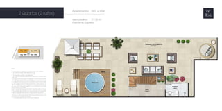 NOTAS: 
1 - A decoração, o mobiliário e os acessórios são mera sugestão. 
2 - As medidas poderão sofrer alterações de 5%. 
3 - Acabamentos conforme memorial descritivo. 
4 - As esquadrias poderão sofrer alterações. 
5 - As cores dos materiais apresentados nesta planta poderão sofrer 
alterações. 
6 - Os pilares estruturais, shafts de instalação e enchimentos poderão 
sofrer alterações nas medidas e localização. 
7 - A área total indicada na planta é privativa, ou seja, tomada pelas 
linhas externas da fachada e das divisas com áreas comuns e pelo 
eixo das paredes divisórias entre apartamentos, conforme descrito na 
NBR 12.721 ABNT. Já as áreas indicadas nos compartimentos internos 
são úteis, desconsiderando paredes e outros elementos construtivos, 
conforme NBR 14.653-2 ABNT. 
8 - Os locais demarcados para ar condicionado (tipo split ou ar de pa-rede) 
poderão sofrer alterações durante o desenvolvimento do projeto. 
9 - A dimensão das bancadas das cozinhas (largura e comprimento) 
poderão sofrer alterações durante o desenvolvimento do projeto. 
10 - As esquadrias dos guarda-corpos das varandas (trechos em vidro 
e trechos em alvenaria) poderão variar de um pavimento para o outro, 
de acordo com o projeto de fachada. 
11 - Os equipamentos de piscina não serão entregues. 
Apartamentos 1001 e 1004 
área privativa: 177,00 m2 
Pavimento Superior 
2 Quartos (2 suítes) 
 