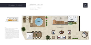 NOTAS: 
1 - A decoração, o mobiliário e os acessórios são mera sugestão. 
2 - As medidas poderão sofrer alterações de 5%. 
3 - Acabamentos conforme memorial descritivo. 
4 - As esquadrias poderão sofrer alterações. 
5 - As cores dos materiais apresentados nesta planta poderão sofrer 
alterações. 
6 - Os pilares estruturais, shafts de instalação e enchimentos poderão 
sofrer alterações nas medidas e localização. 
7 - A área total indicada na planta é privativa, ou seja, tomada pelas 
linhas externas da fachada e das divisas com áreas comuns e pelo 
eixo das paredes divisórias entre apartamentos, conforme descrito na 
NBR 12.721 ABNT. Já as áreas indicadas nos compartimentos internos 
são úteis, desconsiderando paredes e outros elementos construtivos, 
conforme NBR 14.653-2 ABNT. 
8 - Os locais demarcados para ar condicionado (tipo split ou ar de pa-rede) 
poderão sofrer alterações durante o desenvolvimento do projeto. 
9 - A dimensão das bancadas das cozinhas (largura e comprimento) 
poderão sofrer alterações durante o desenvolvimento do projeto. 
10 - As esquadrias dos guarda-corpos das varandas (trechos em vidro 
e trechos em alvenaria) poderão variar de um pavimento para o outro, 
de acordo com o projeto de fachada. 
11 - Os equipamentos de piscina não serão entregues. 
Apartamentos 1002 e 1003 
área privativa: 178,00m2 
Pavimento Superior 
2 Quartos (2 suítes) 
 