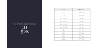 Unidade Área 
201 
202 
301 a 901 
302 a 902 
303 a 903 
304 a 904 
1001 
1002 
1003 
1004 
(m2) 
135,00 
178,00 
88,00 
89,00 
89,00 
88,00 
177,00 
178,00 
178,00 
177,00 
Quadro de áreas 
 