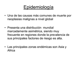 Epidemiología
• Una de las causas más comunes de muerte por
  neoplasias malignas a nivel global

• Presenta una distribución mundial
  marcadamente asimétrica, siendo muy
  frecuente en regiones donde la prevalencia de
  sus principales factores de riesgo es alta.

• Las principales zonas endémicas son Asia y
  Africa
 