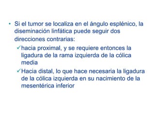 • Si el tumor se localiza en el ángulo esplénico, la
  diseminación linfática puede seguir dos
  direcciones contrarias:
     hacia proximal, y se requiere entonces la
     ligadura de la rama izquierda de la cólica
     media
     Hacia distal, lo que hace necesaria la ligadura
     de la cólica izquierda en su nacimiento de la
     mesentérica inferior
 