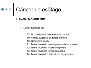 Cáncer de esófago
 CLASIFICACION TNM


   Tumor primario (T)

    •   TX: No puede evaluarse un tumor primario
    •   T0: No hay evidencia de tumor primario
    •   Tis: Carcinoma in situ
    •   T1: Tumor invade la lámina propia o la submucosa
    •   T2: Tumor invade la muscularis propia
    •   T3: Tumor invade la túnica adventicia
    •   T4: Tumor invade las estructuras adyacentes
 