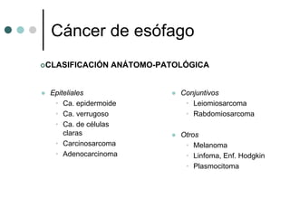 Cáncer de esófago
CLASIFICACIÓN ANÁTOMO-PATOLÓGICA


Epiteliales               Conjuntivos
 • Ca. epidermoide         • Leiomiosarcoma
 • Ca. verrugoso           • Rabdomiosarcoma
 • Ca. de células
    claras                Otros
 • Carcinosarcoma          • Melanoma
 • Adenocarcinoma          • Linfoma, Enf. Hodgkin
                           • Plasmocitoma
 