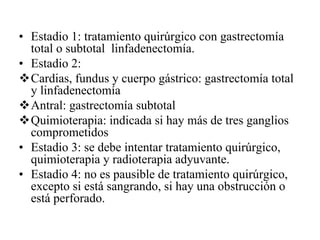 • Estadio 1: tratamiento quirúrgico con gastrectomía
  total o subtotal linfadenectomía.
• Estadio 2:
  Cardias, fundus y cuerpo gástrico: gastrectomía total
  y linfadenectomía
  Antral: gastrectomía subtotal
  Quimioterapia: indicada si hay más de tres ganglios
  comprometidos
• Estadio 3: se debe intentar tratamiento quirúrgico,
  quimioterapia y radioterapia adyuvante.
• Estadio 4: no es pausible de tratamiento quirúrgico,
  excepto si está sangrando, si hay una obstrucción o
  está perforado.
 