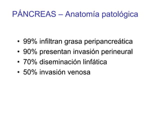 PÁNCREAS – Anatomía patológica


 •   99% infiltran grasa peripancreática
 •   90% presentan invasión perineural
 •   70% diseminación linfática
 •   50% invasión venosa
 