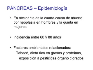 PÁNCREAS – Epidemiología

 • En occidente es la cuarta causa de muerte
   por neoplasia en hombres y la quinta en
   mujeres

 • Incidencia entre 60 y 80 años

 • Factores ambientales relacionados:
    Tabaco, dieta rica en grasas y proteínas,
      exposición a pesticidas órgano clorados
 