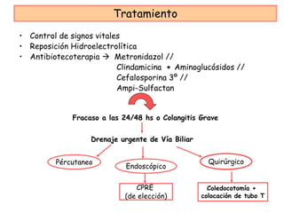 Tratamiento
• Control de signos vitales
• Reposición Hidroelectrolítica
• Antibiotecoterapia      Metronidazol //
                          Clindamicina + Aminoglucósidos //
                          Cefalosporina 3º //
                          Ampi-Sulfactan


             Fracaso a las 24/48 hs o Colangitis Grave


                  Drenaje urgente de Vía Biliar


         Pércutaneo                                 Quirúrgico
                            Endoscópico

                              CPRE                  Coledocotomía +
                           (de elección)          colocación de tubo T
 