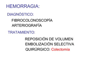 HEMORRAGIA:
DIAGNÓSTICO:
  FIBROCOLONOSCOPÍA
  ARTERIOGRAFÍA
TRATAMIENTO:
        REPOSICIÓN DE VOLUMEN
        EMBOLIZACIÓN SELECTIVA
        QUIRÚRGICO: Colectomía
 