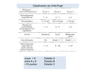 Clasificación de Child-Pugh




score < 6        Estadio A
entre 6 y 9      Estadio B
>10 puntos       Estadio C
 