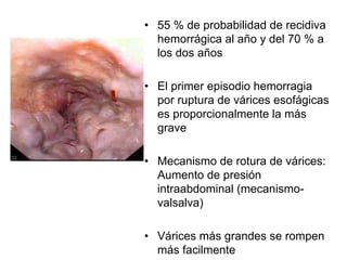 • 55 % de probabilidad de recidiva
  hemorrágica al año y del 70 % a
  los dos años

• El primer episodio hemorragia
  por ruptura de várices esofágicas
  es proporcionalmente la más
  grave

• Mecanismo de rotura de várices:
  Aumento de presión
  intraabdominal (mecanismo-
  valsalva)

• Várices más grandes se rompen
  más facilmente
 