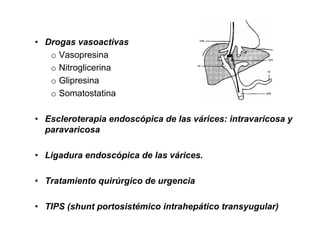 • Drogas vasoactivas
   o Vasopresina
   o Nitroglicerina
   o Glipresina
   o Somatostatina

• Escleroterapia endoscópica de las várices: intravaricosa y
  paravaricosa

• Ligadura endoscópica de las várices.

• Tratamiento quirúrgico de urgencia

• TIPS (shunt portosistémico intrahepático transyugular)
 