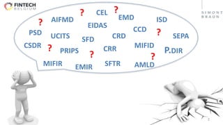 2
PSD
SFTR
AIFMD
UCITS
CSDR
SFD
EMIR
CEL
EIDAS
CRD
AMLDMIFIR
P.DIR
SEPA
EMD
PRIPS
MIFIDCRR
ISD
?
CCD
?
?
?
?
? ?
 