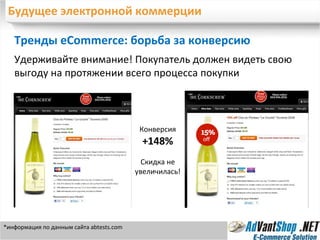 Будущее электронной коммерции Тренды eCommerce: борьба за конверсию Удерживайте внимание! Покупатель должен видеть свою выгоду на протяжении всего процесса покупки *информация по данным сайта  abtests.com Конверсия +148% Скидка не увеличилась! 