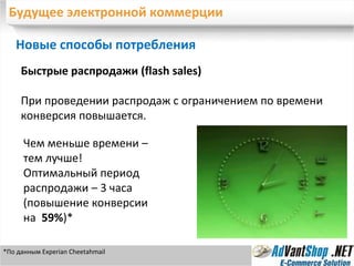 Будущее электронной коммерции Новые способы потребления  Быстрые распродажи ( flash sales ) При проведении распродаж с ограничением по времени конверсия повышается.  *По данным  Experian Cheetahmail  Чем меньше времени – тем лучше!  Оптимальный период распродажи – 3 часа (повышение конверсии на  59% )* 