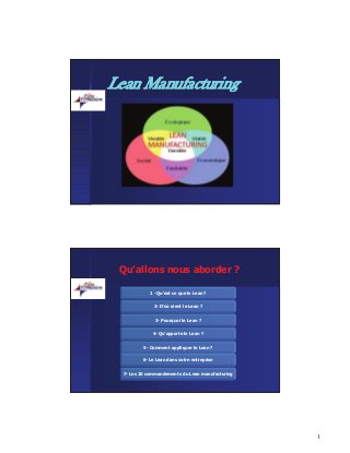 1
LeanLean ManufacturingManufacturing
1 - Qu’est ce que le Lean ?
2- D’où vient le Lean ?
3- Pourquoi le Lean ?
4- Qu’apporte le Lean ?
5- Comment appliquer le Lean ?
6- Le Lean dans votre entreprise
7- Les 10 commandements du Lean manufacturing
Qu’allons nous aborder ?
 