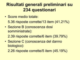 Risultati generali preliminari su 
234 questionari 
• Score medio totale: 
5.36 risposte corrette/13 item (41.21%) 
• Sezione B (conoscenza dosi 
somministrate): 
2.39 risposte corrette/6 item (39.79%) 
• Sezione C (conoscenza del danno 
biologico): 
2.26 risposte corrette/5 item (45.19%) 
 