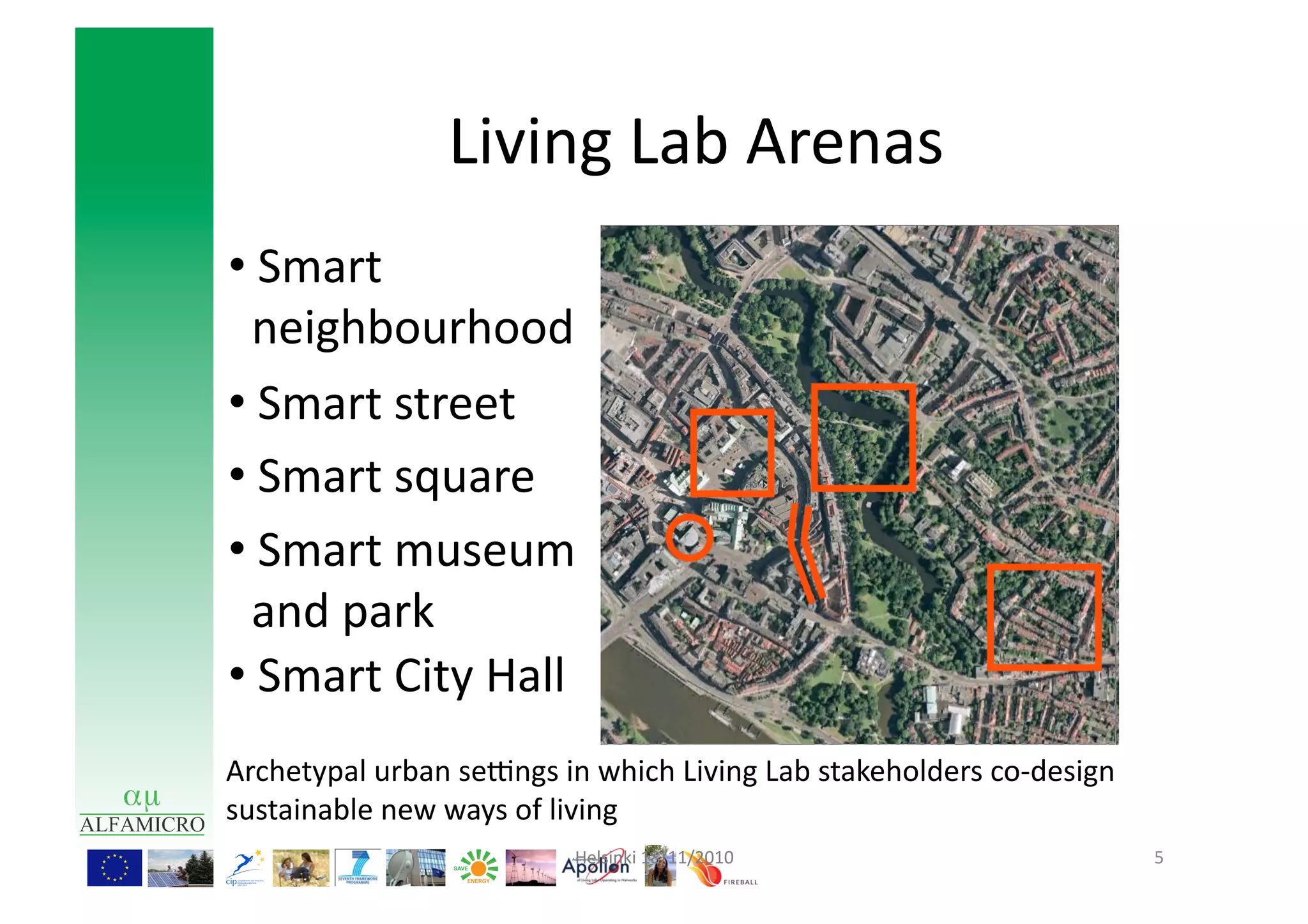 Living	
  Lab	
  Arenas	
  
 • 	
  Smart	
  
 	
  	
  neighbourhood	
  
 • 	
  Smart	
  street	
  
 • 	
  Smart	
  square	
  
 • 	
  Smart	
  museum	
  
 	
  	
  and	
  park	
  
 • 	
  Smart	
  City	
  Hall	
  
	
  Archetypal	
  urban	
  sengs	
  in	
  which	
  Living	
  Lab	
  stakeholders	
  co-­‐design	
  
    sustainable	
  new	
  ways	
  of	
  living	
  
                                       Helsinki	
  18/11/2010	
                                        5	
  
 