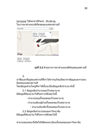 AttributeTypeDetailLocation_namevarchar(60)ชื่อของสถานที่ที่สนใจResult_clustervarchar(10)ลำดับของกลุ่มที่สถานที่นั้นถูกจัดให้อยู่Location_typevarchar(20)ประเภทของสถานที่3.3 อุปกรณ์และซอฟต์แวร์ที่ใช้ในระบบ<br />Laptop CPU 1.66 GHz , Hard Disk 80 GB , Ram 2 GB 