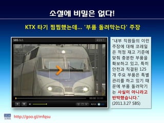 소셜에 비밀은 없다!
     KTX 타기 찜찜했는데… '부품 돌려막는다' 주장

                            “내부 직원들의 이런
                            주장에 대해 코레일
                            은 적정 재고 기준에
                            맞춰 충붂한 부품을
                            확보하고 있고, 특히
                            안전과 직결된 125
                            개 주요 부품은 특별
                            관리를 하고 있기 때
                            문에 부품 돌려막기
                            는 사실이 아니라고
                            반박했습니다.”
                            (2011.3.27 SBS)


http://goo.gl/mfqsu
 