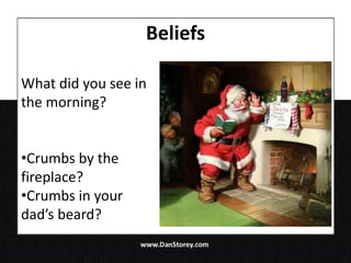 Beliefs

What did you see in
the morning?


•Crumbs by the
fireplace?
•Crumbs in your
dad’s beard?
 