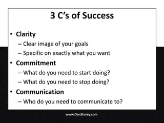 3 C’s of Success
• Clarity
  – Clear image of your goals
  – Specific on exactly what you want
• Commitment
  – What do you need to start doing?
  – What do you need to stop doing?
• Communication
  – Who do you need to communicate to?
 
