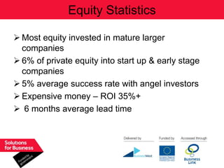 Equity Statistics

 Most equity invested in mature larger
  companies
 6% of private equity into start up & early stage
  companies
 5% average success rate with angel investors
 Expensive money – ROI 35%+
 6 months average lead time
 