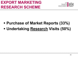 EXPORT MARKETING
RESEARCH SCHEME



  Purchase of Market Reports (33%)
  Undertaking Research Visits (50%)




                                   59
 