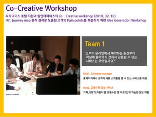 ????? ?? ??? ??????? Co C Creative workshop (2010. 09. 10)
FGI, Journey map ?? ??? ??? ??? Pain points? ???? ?? Idea Generation Workshop
Co-Creative Workshop
Team 1
Idea1. Schedule manager
?????? ??? ?? ???? ? ? ?? ???? ??
Idea2. ???? ?? ???
??,???,??? ? ???? ? ??/?? ??? ?? ??
'??? ????? ???? ????
??? ???? ??? ??? ? ??
???? ?????? '
 