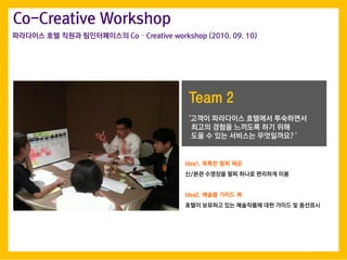 Co-Creative Workshop
Team 2
Idea1. ??? ?? ??
?/?? ???? ?? ??? ???? ??
Idea2. ??? ??? ?
??? ???? ?? ????? ?? ??? ? ????
'??? ????? ???? ?????
??? ??? ???? ?? ??
?? ? ?? ???? ?????? '
????? ?? ??? ??????? Co C Creative workshop (2010. 09. 10)
 