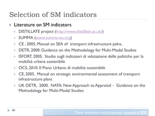 Selection of SM indicators
    Literature on SM indicators
        DISTILLATE project (http://www.distillate.ac.uk/)
        SUMMA (www.summa-eu.org)
        CE , 2005. Manual on SEA of transport infrastructure palns.
        DETR, 2000. Guidance on the Methodology for Multi-Modal Studies
        ISFORT, 2005. Studio sugli indicatori di valutazione delle politiche per la
         mobilità urbana sostenibile
        OCS, 2010. Il Piano Urbano di mobilità sostenibile
        CE, 2005. Manual on strategic environmental assessment of transport
         infrastructure plans
        UK DETR, 2000. NATA: New Approach to Appraisal - Guidance on the
         Methodology for Multi-Modal Studies



    40
                                          Open questions and proposals towards a SMP
 