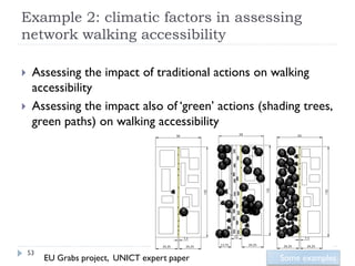Example 2: climatic factors in assessing
network walking accessibility

    Assessing the impact of traditional actions on walking
     accessibility
    Assessing the impact also of ‘green’ actions (shading trees,
     green paths) on walking accessibility




    53
         EU Grabs project, UNICT expert paper         Some examples
 