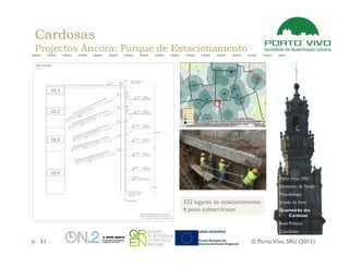 Cardosas
Projectos Âncora: Parque de Estacionamento




                                                                Porto Vivo, SRU
                                                                Dimensão da Tarefa
                                                                Metodologia
                             332 lugares de estacionamento      Estado da Arte
                             4 pisos subterrâneos               Quarteirão das
                                                                   Cardosas
                                                                Boas Práticas
                                                                Conclusão

 51                                                   © Porto Vivo, SRU (2011)
 