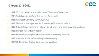 1. 2012-2013: Crawling metasearch results Yahoo.com / Bing.com
2. 2014: Prototyping a configurable crawler framework
3. 20...