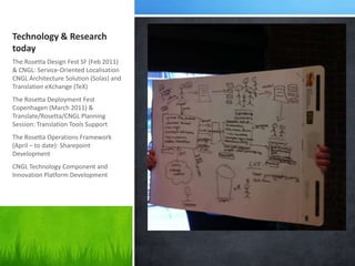 Technology & Research
today
The Rosetta Design Fest SF (Feb 2011)
& CNGL: Service-Oriented Localisation
CNGL Architecture Solution (Solas) and
Translation eXchange (TeX)
The Rosetta Deployment Fest
Copenhagen (March 2011) &
Translate/Rosetta/CNGL Planning
Session: Translation Tools Support
The Rosetta Operations Framework
(April – to date): Sharepoint
Development
CNGL Technology Component and
Innovation Platform Development
 