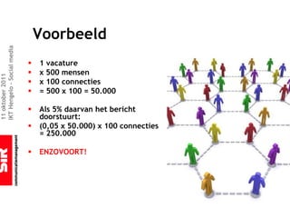 Voorbeeld
IKT Hengelo – Social media




                             §   1 vacature
                             §   x 500 mensen
11 oktober 2011




                             §   x 100 connecties
                             §   = 500 x 100 = 50.000

                             §   Als 5% daarvan het bericht
                                 doorstuurt:
                             §   (0,05 x 50.000) x 100 connecties
                                 = 250.000

                             §   ENZOVOORT!
 