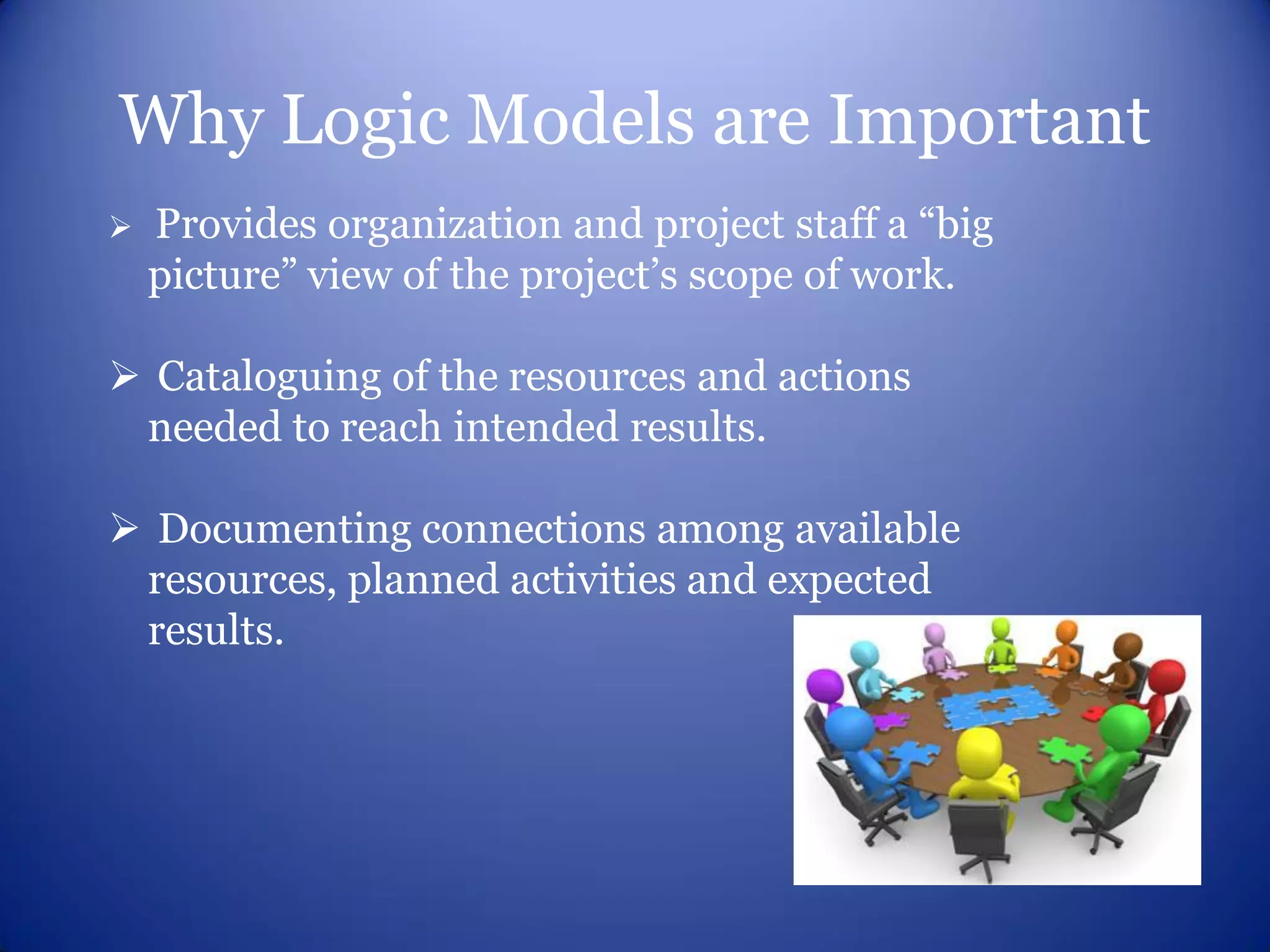Why Logic Models are Important
   Provides organization and project staff a “big
    picture” view of the project’s scope of work.

 Cataloguing of the resources and actions
 needed to reach intended results.

 Documenting connections among available
 resources, planned activities and expected
 results.
 
