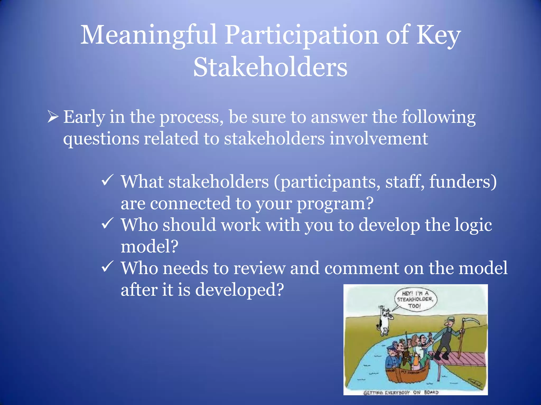 Meaningful Participation of Key
            Stakeholders
 Early in the process, be sure to answer the following
  questions related to stakeholders involvement

       What stakeholders (participants, staff, funders)
        are connected to your program?
       Who should work with you to develop the logic
        model?
       Who needs to review and comment on the model
        after it is developed?
 