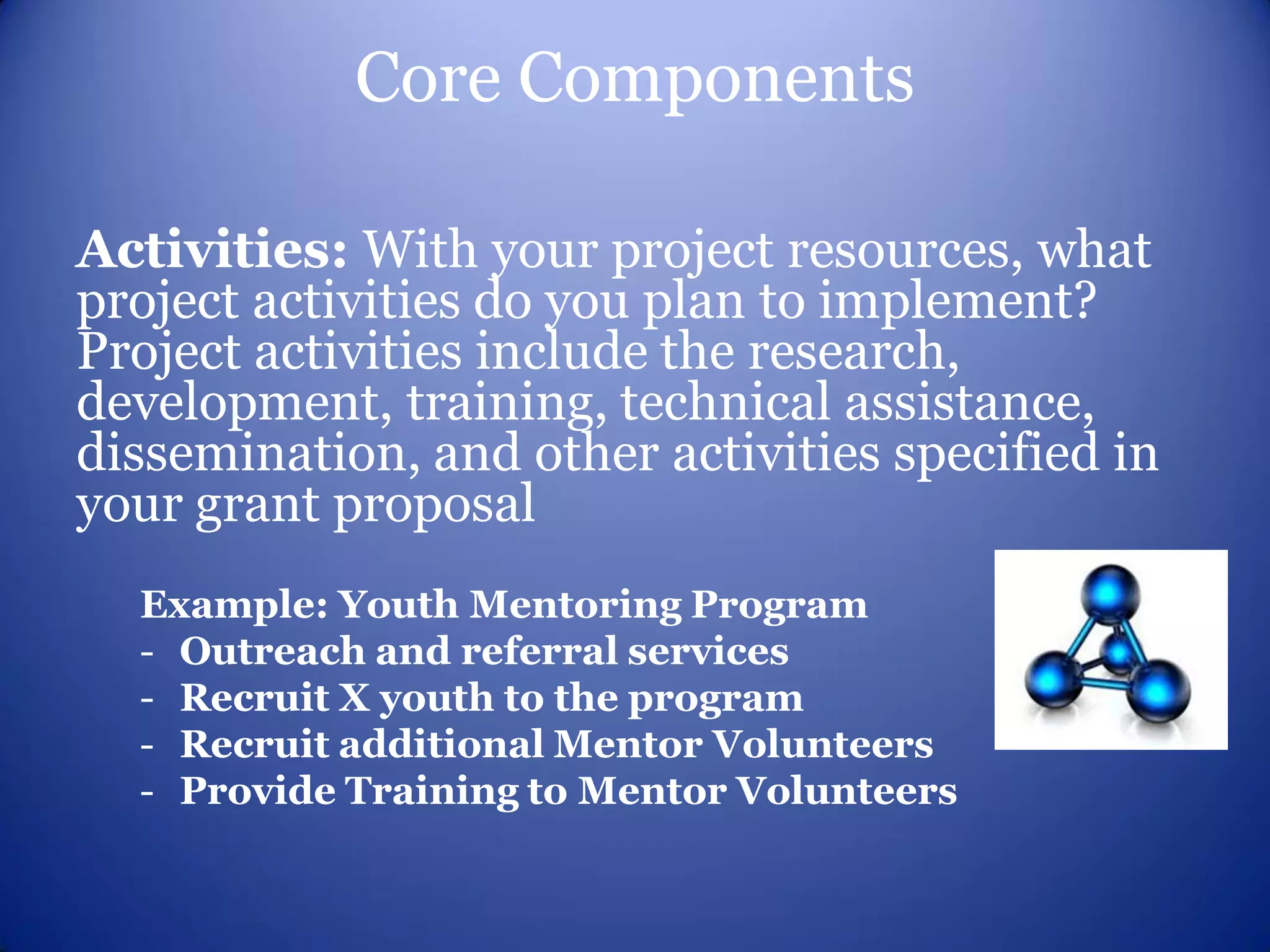 Core Components

Activities: With your project resources, what
project activities do you plan to implement?
Project activities include the research,
development, training, technical assistance,
dissemination, and other activities specified in
your grant proposal
  Example: Youth Mentoring Program
  - Outreach and referral services
  - Recruit X youth to the program
  - Recruit additional Mentor Volunteers
  - Provide Training to Mentor Volunteers
 