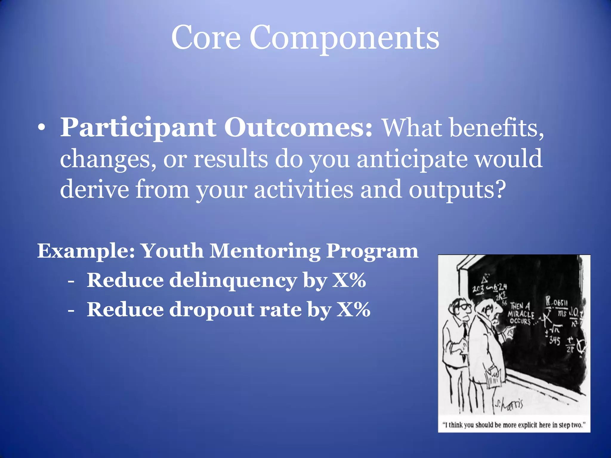 Core Components

• Participant Outcomes: What benefits,
 changes, or results do you anticipate would
 derive from your activities and outputs?

Example: Youth Mentoring Program
  - Reduce delinquency by X%
  - Reduce dropout rate by X%
 
