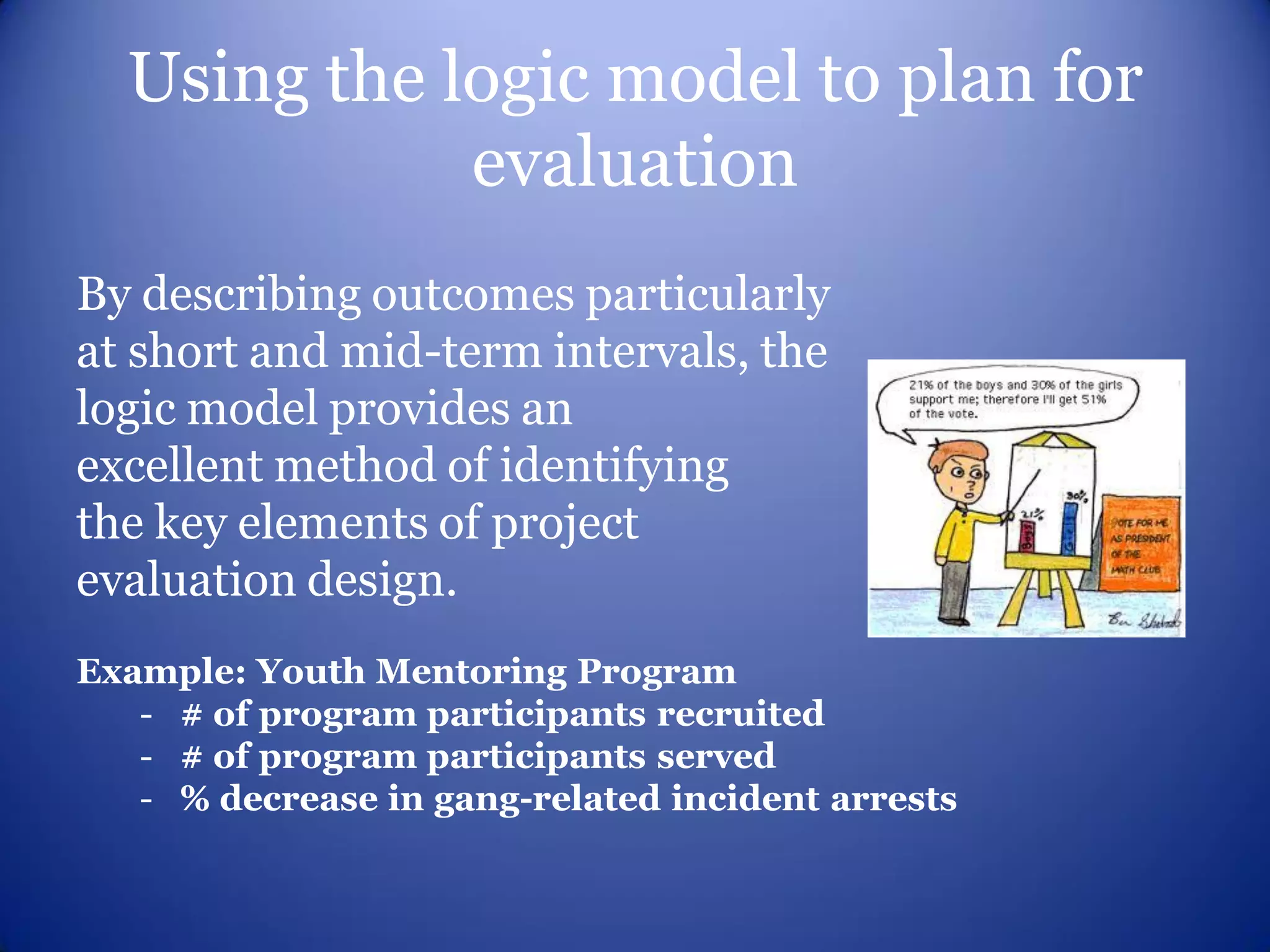 Using the logic model to plan for
             evaluation
By describing outcomes particularly
at short and mid-term intervals, the
logic model provides an
excellent method of identifying
the key elements of project
evaluation design.
Example: Youth Mentoring Program
   - # of program participants recruited
   - # of program participants served
   - % decrease in gang-related incident arrests
 