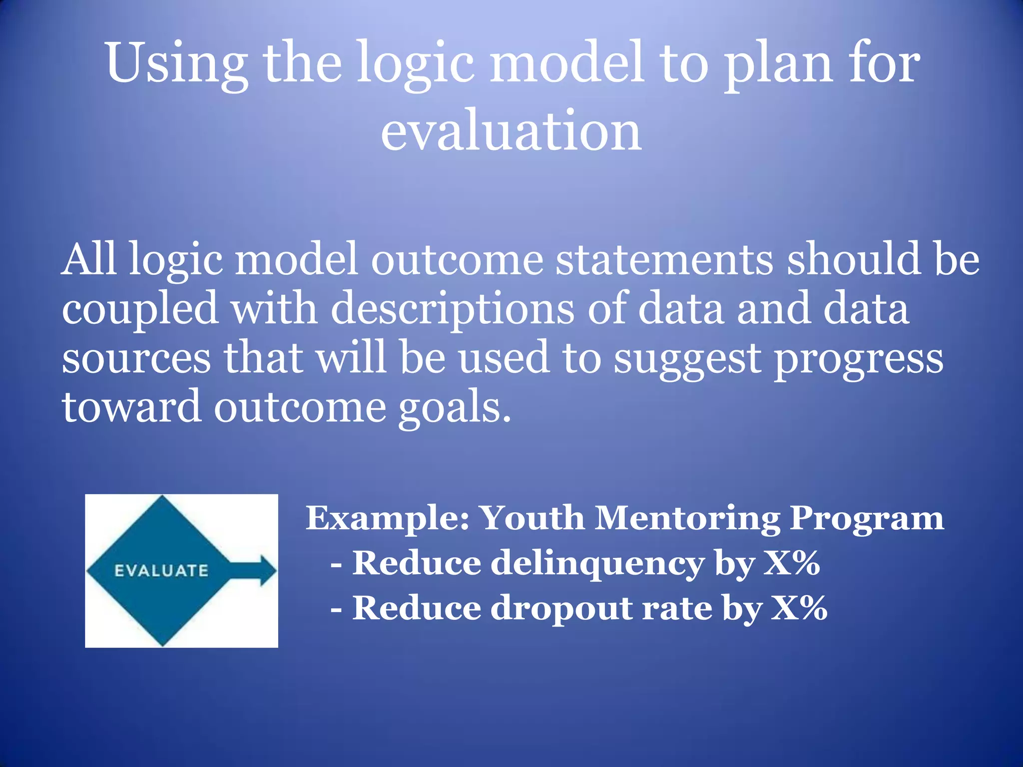 Using the logic model to plan for
             evaluation

All logic model outcome statements should be
coupled with descriptions of data and data
sources that will be used to suggest progress
toward outcome goals.

           Example: Youth Mentoring Program
            - Reduce delinquency by X%
            - Reduce dropout rate by X%
 